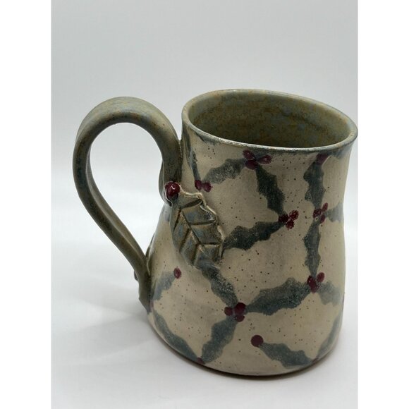 Handcrafted Stoneware Mug Rustic Holly Berry Pattern holds 12 flo oz - Picture 7 of 10